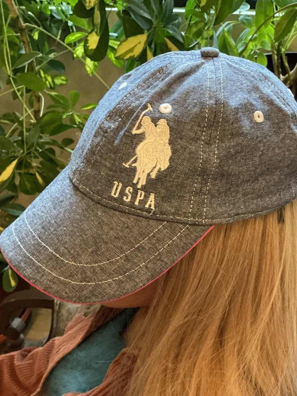 U.S. Polo Assn. Chambray Blue Baseball Cap Pink Trim Adjustable Cotton Hat EUC